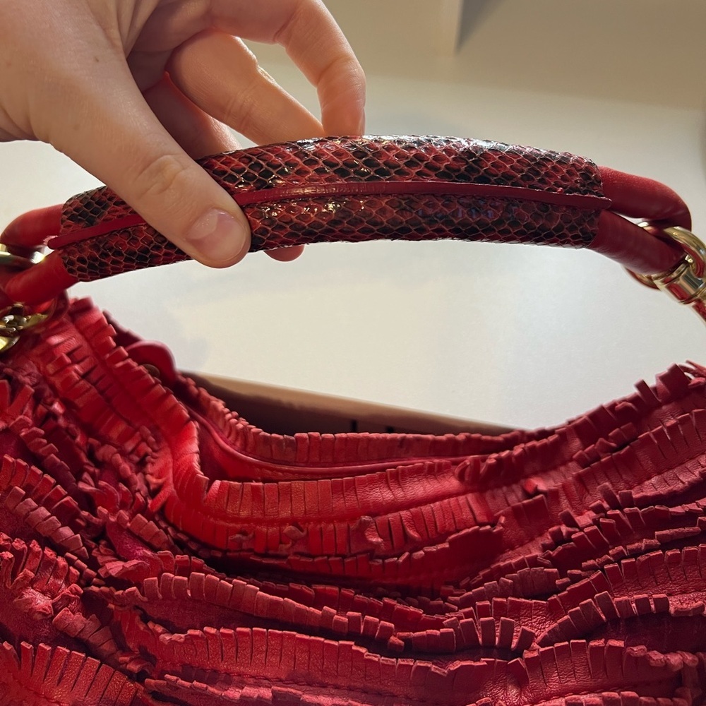 Jimmy Choo Red Suede Leather and Snakeskin Fringe Hobo Shoulder Bag - Picture 10 of 16